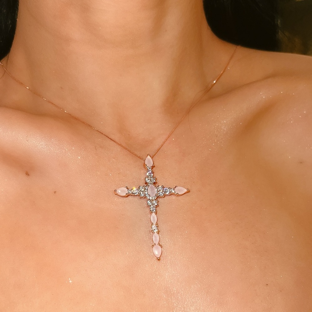 Rose Gold & Rose quartz Cross Necklace